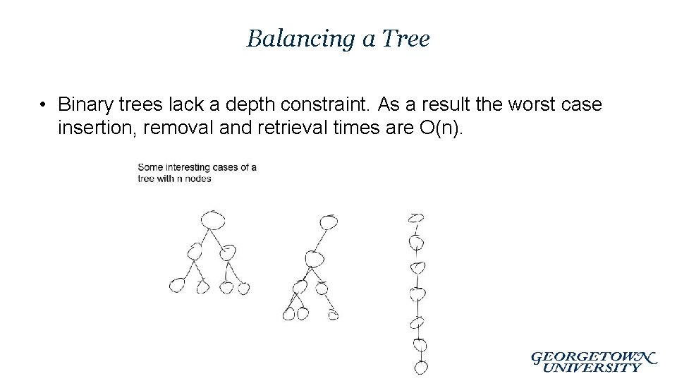 Balancing a Tree • Binary trees lack a depth constraint. As a result the