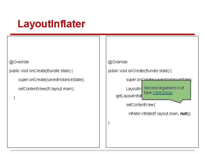 Layout. Inflater @Override public void on. Create(Bundle state) { super. on. Create(saved. Instance. State); Layout. Inflater @Override public void on. Create(Bundle state) { super. on. Create(saved. Instance. State);