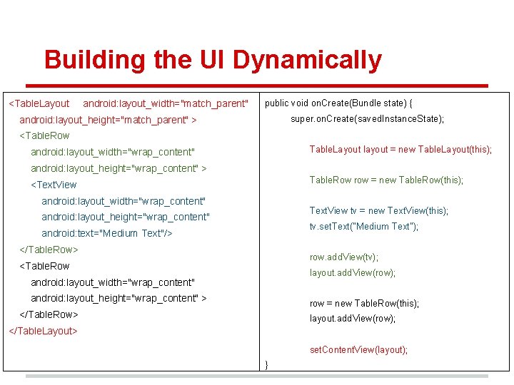 Building the UI Dynamically <Table. Layout android: layout_width="match_parent" public void on. Create(Bundle state) { Building the UI Dynamically <Table. Layout android: layout_width="match_parent" public void on. Create(Bundle state) {