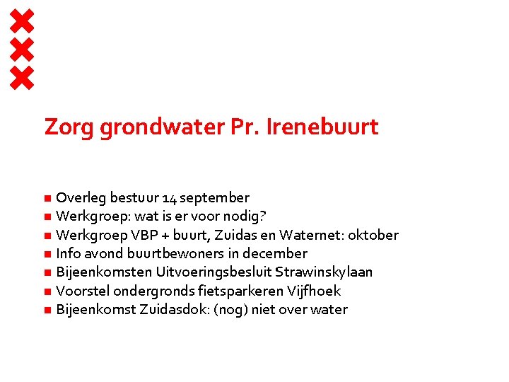 Zorg grondwater Pr. Irenebuurt Overleg bestuur 14 september Werkgroep: wat is er voor nodig?