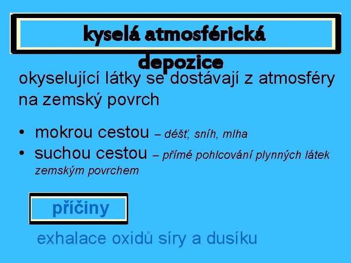 kyselá atmosférická depozice okyselující látky se dostávají z atmosféry na zemský povrch • mokrou