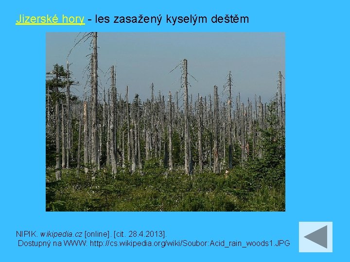 Jizerské hory - les zasažený kyselým deštěm NIPIK. wikipedia. cz [online]. [cit. 28. 4.