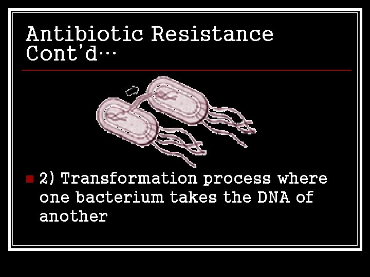 Antibiotic Resistance Cont’d… n 2) Transformation process where one bacterium takes the DNA of
