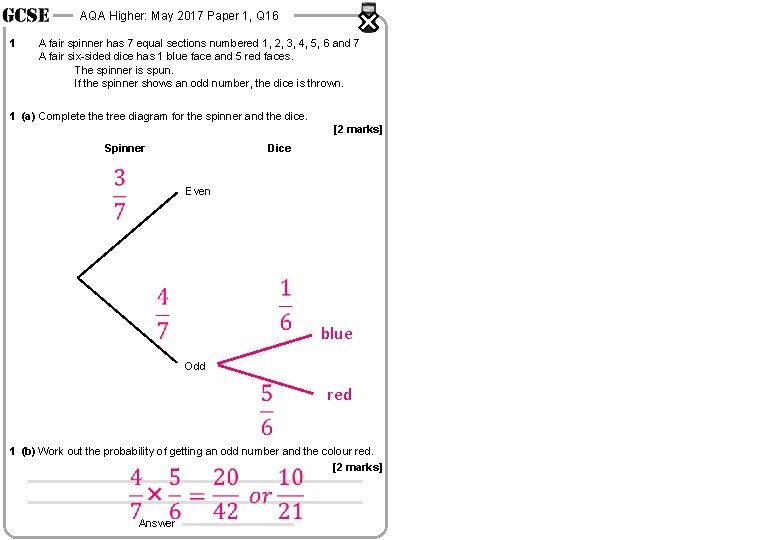 AQA Higher: May 2017 Paper 1, Q 16 1 A fair spinner has 7