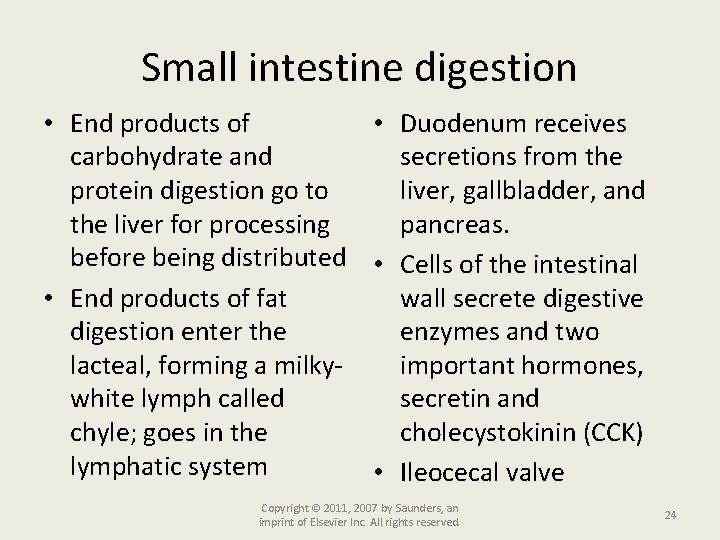 Small intestine digestion • End products of • Duodenum receives carbohydrate and secretions from