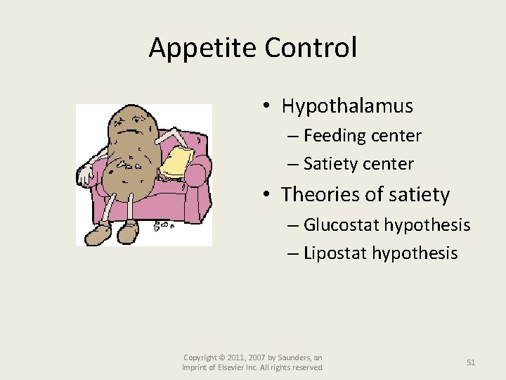 Appetite Control • Hypothalamus – Feeding center – Satiety center • Theories of satiety