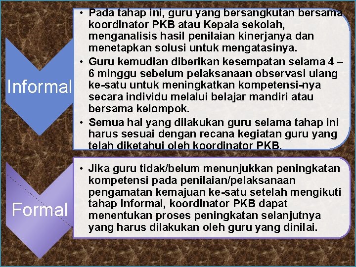 Informal Formal • Pada tahap ini, guru yang bersangkutan bersama koordinator PKB atau Kepala