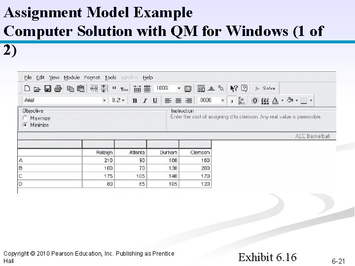 Assignment Model Example Computer Solution with QM for Windows (1 of 2) Copyright ©