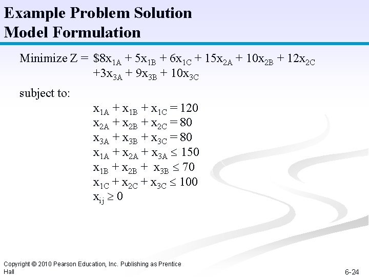 Example Problem Solution Model Formulation Minimize Z = $8 x 1 A + 5
