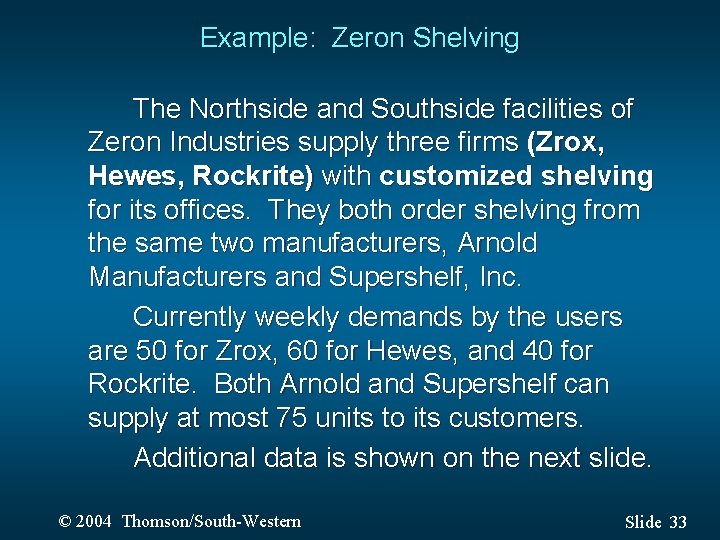 Example: Zeron Shelving The Northside and Southside facilities of Zeron Industries supply three firms