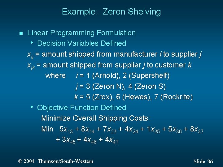 Example: Zeron Shelving n Linear Programming Formulation • Decision Variables Defined xij = amount