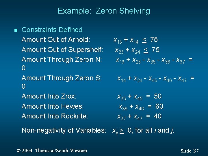 Example: Zeron Shelving n Constraints Defined Amount Out of Arnold: Amount Out of Supershelf: