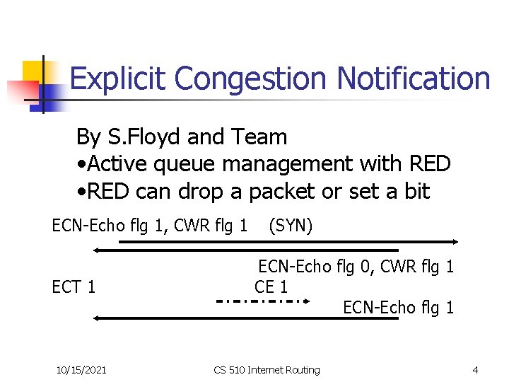 Explicit Congestion Notification By S. Floyd and Team • Active queue management with RED Explicit Congestion Notification By S. Floyd and Team • Active queue management with RED