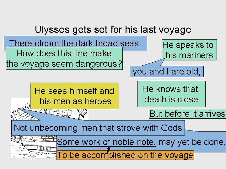 Ulysses gets set for his last voyage There gloom the dark broad seas. He
