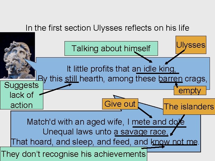 In the first section Ulysses reflects on his life Talking about himself Ulysses It