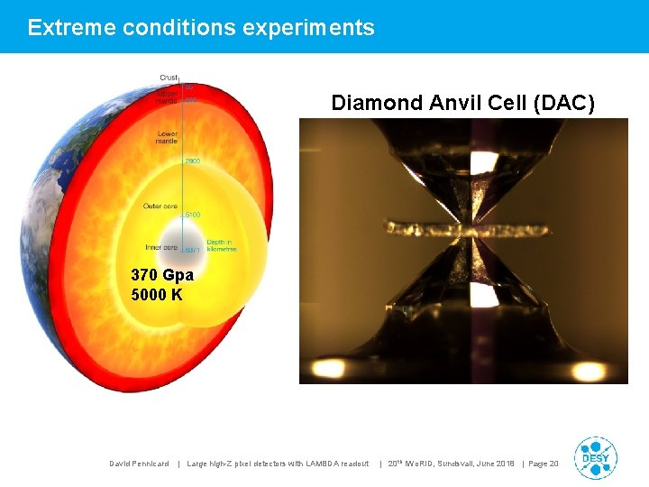 Extreme conditions experiments Diamond Anvil Cell (DAC) 370 Gpa 5000 K David Pennicard |