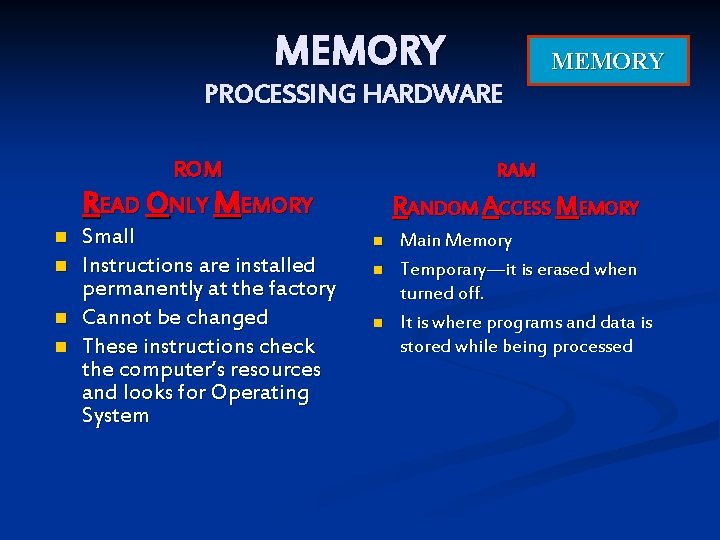 MEMORY PROCESSING HARDWARE n n ROM READ ONLY MEMORY Small Instructions are installed permanently