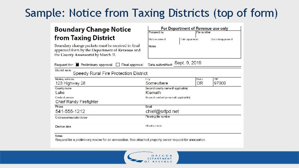 Sample: Notice from Taxing Districts (top of form) 