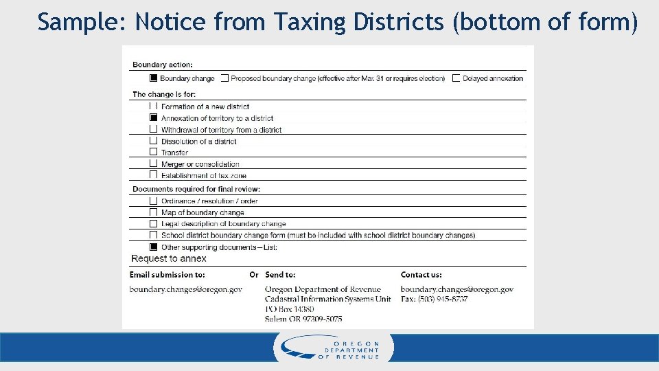 Sample: Notice from Taxing Districts (bottom of form) 