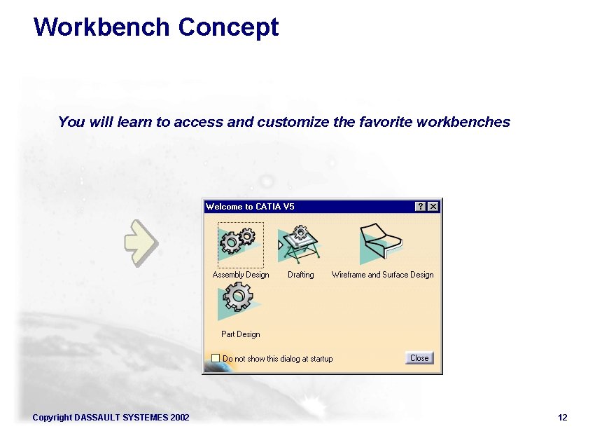 Workbench Concept You will learn to access and customize the favorite workbenches Copyright DASSAULT