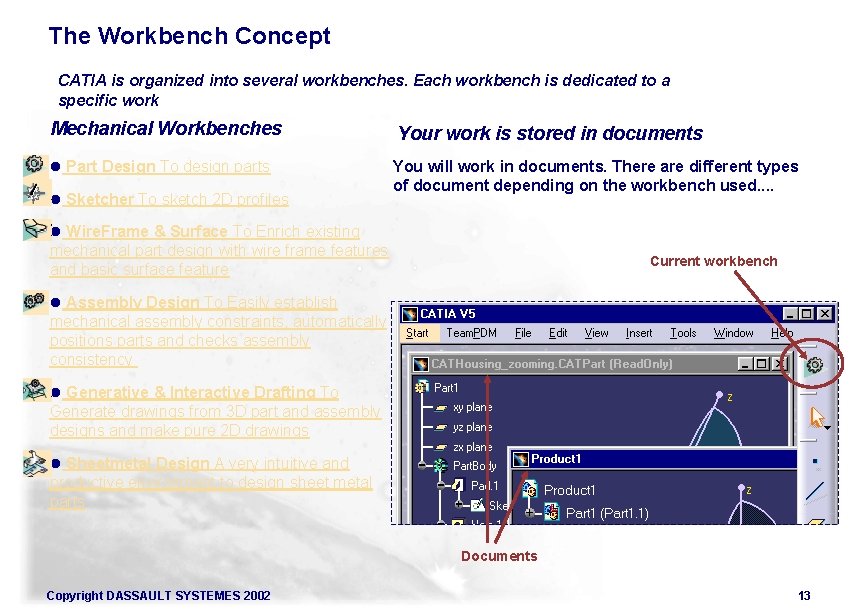The Workbench Concept CATIA is organized into several workbenches. Each workbench is dedicated to