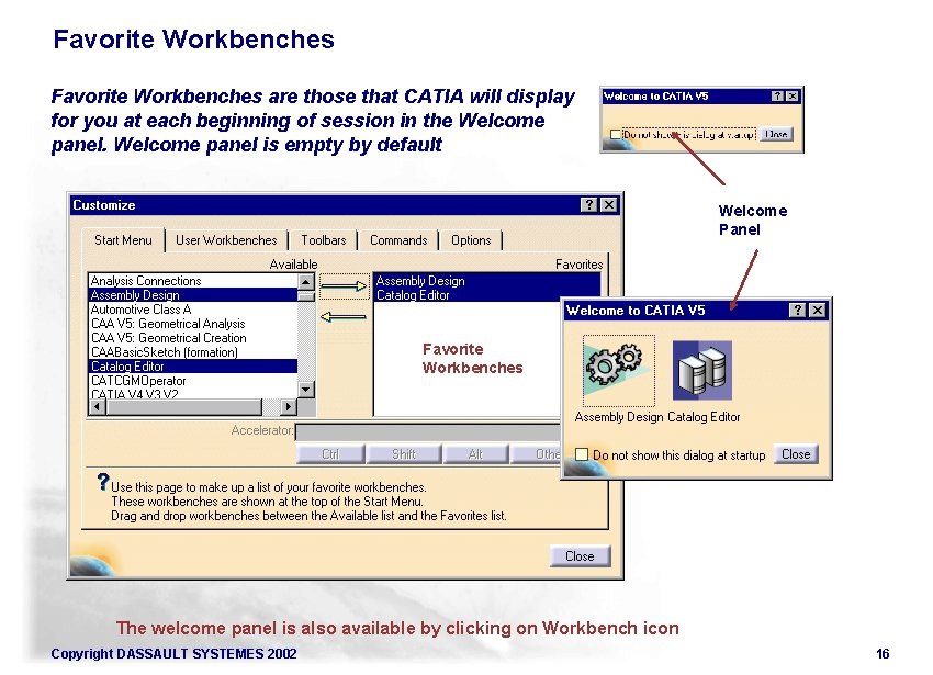 Favorite Workbenches are those that CATIA will display for you at each beginning of