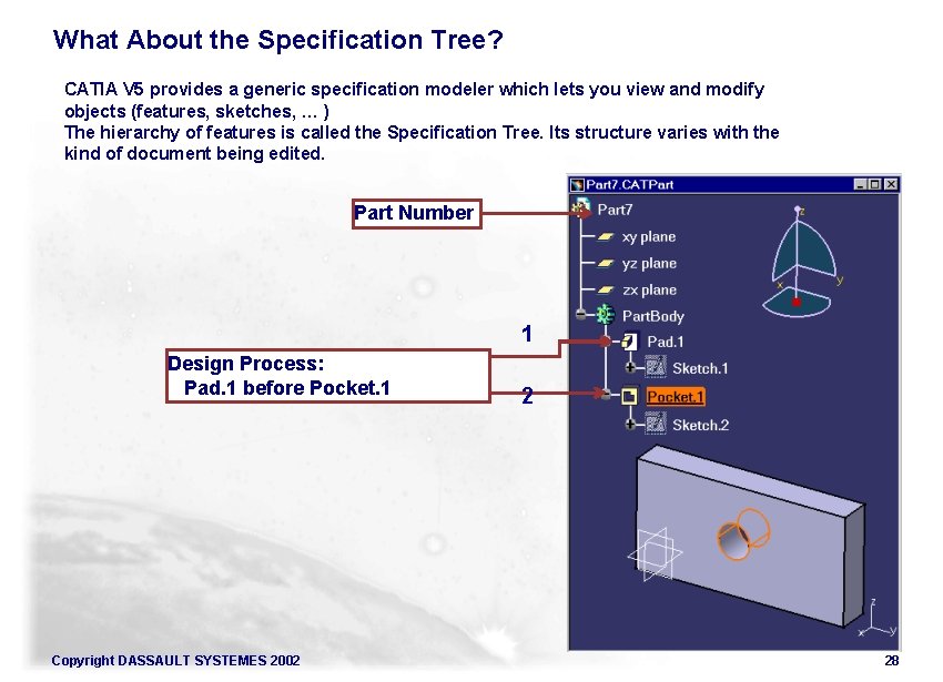 What About the Specification Tree? CATIA V 5 provides a generic specification modeler which