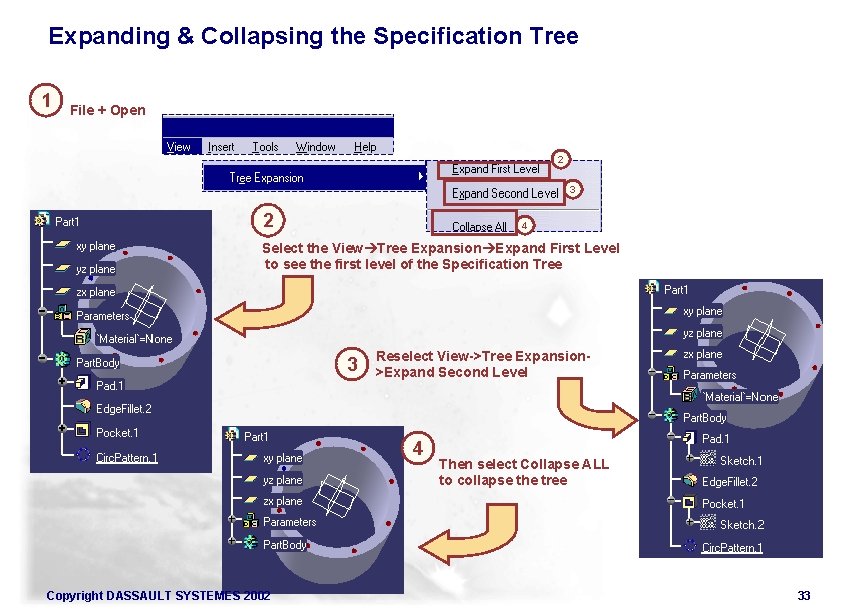 Expanding & Collapsing the Specification Tree 1 File + Open 2 3 2 4