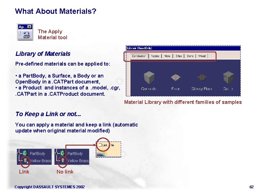 What About Materials? The Apply Material tool Library of Materials Pre-defined materials can be