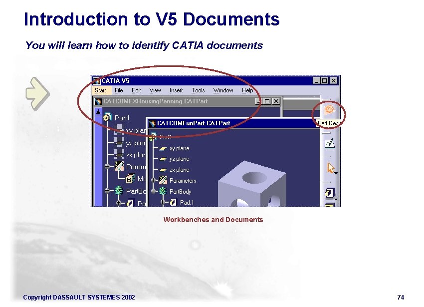 Introduction to V 5 Documents You will learn how to identify CATIA documents Workbenches