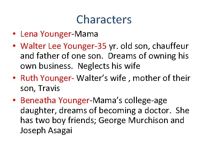 Characters • Lena Younger-Mama • Walter Lee Younger-35 yr. old son, chauffeur and father