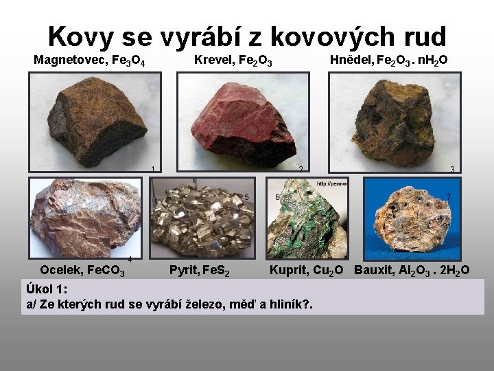 Kovy se vyrábí z kovových rud Magnetovec, Fe 3 O 4 Krevel, Fe 2