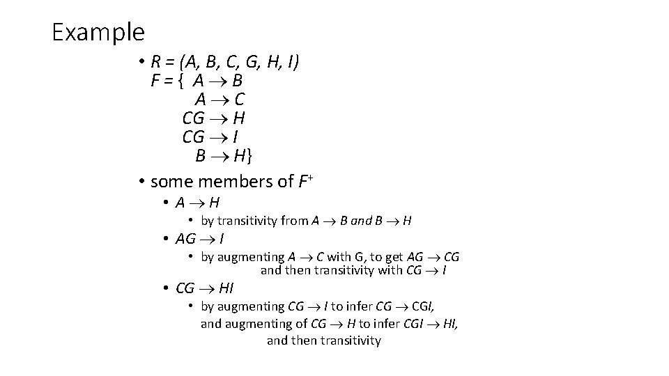 Example • R = (A, B, C, G, H, I) F={ A B A