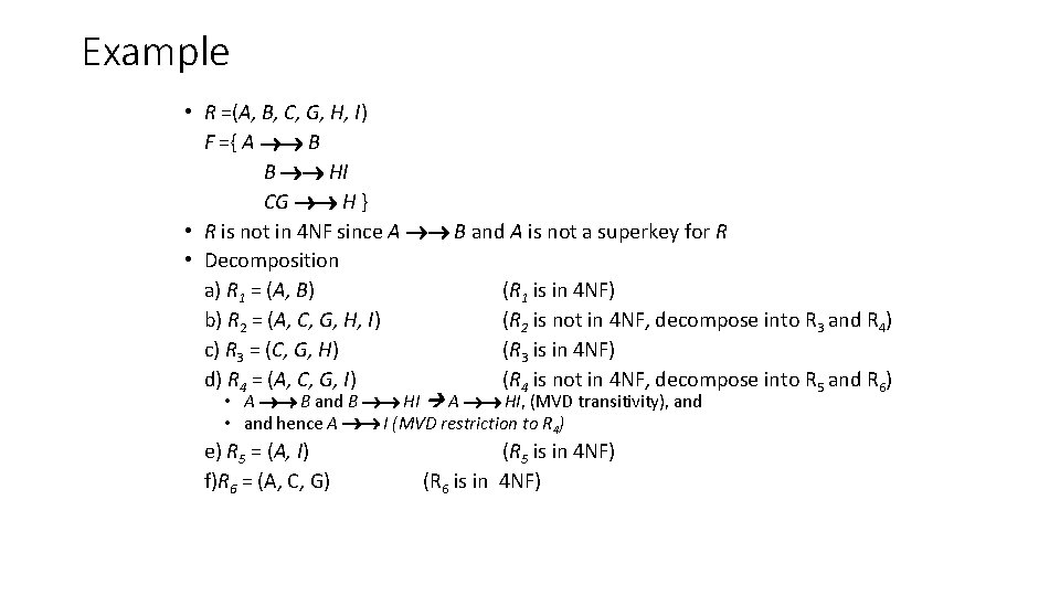 Example • R =(A, B, C, G, H, I) F ={ A B B