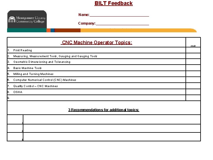 BILT Feedback Name: _______________ Company: ______________ CNC Machine Operator Topics: 1. Print Reading 2.