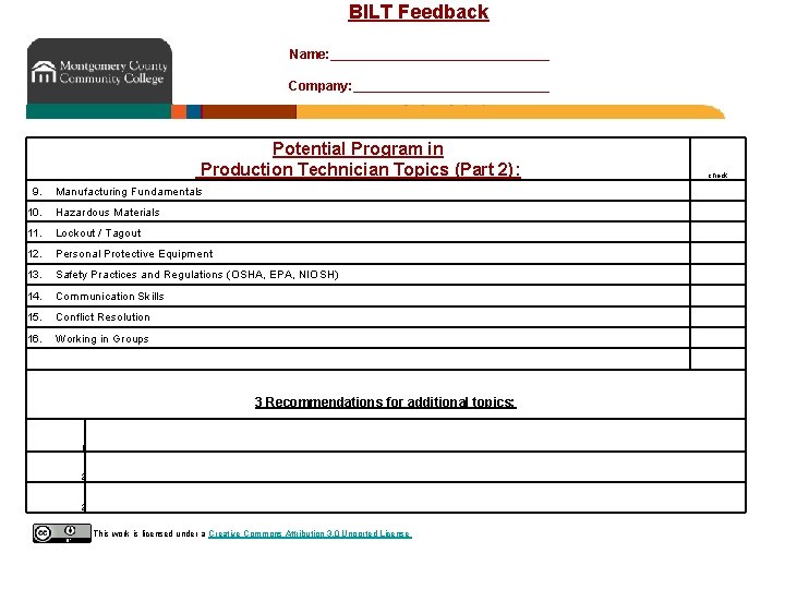 BILT Feedback Name: _______________ Company: ______________ Potential Program in Production Technician Topics (Part 2):