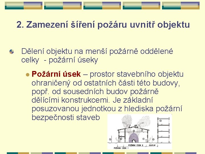 2. Zamezení šíření požáru uvnitř objektu Dělení objektu na menší požárně oddělené celky -