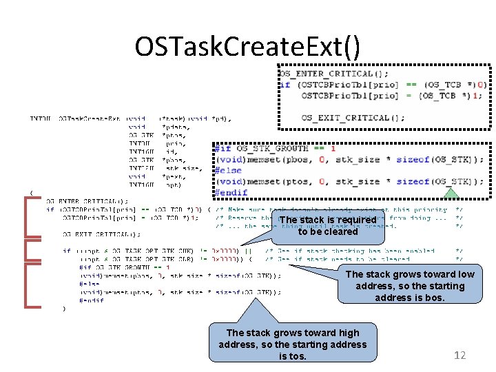 OSTask. Create. Ext() The stack is required to be cleared The stack grows toward
