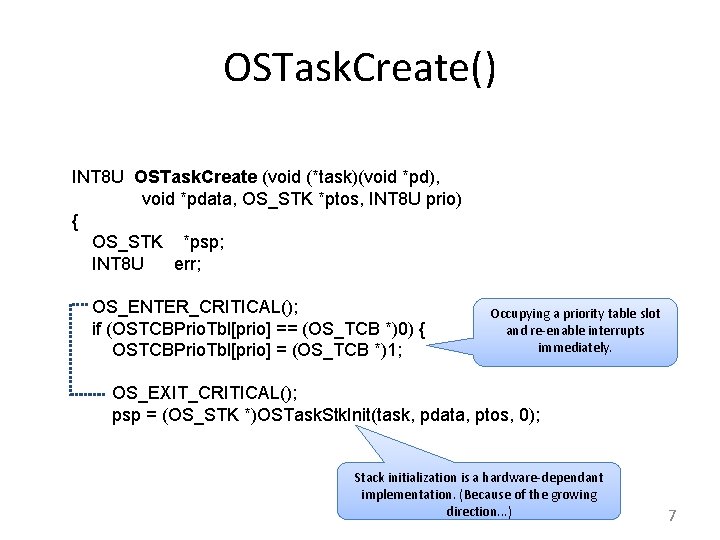 OSTask. Create() INT 8 U OSTask. Create (void (*task)(void *pd), void *pdata, OS_STK *ptos,