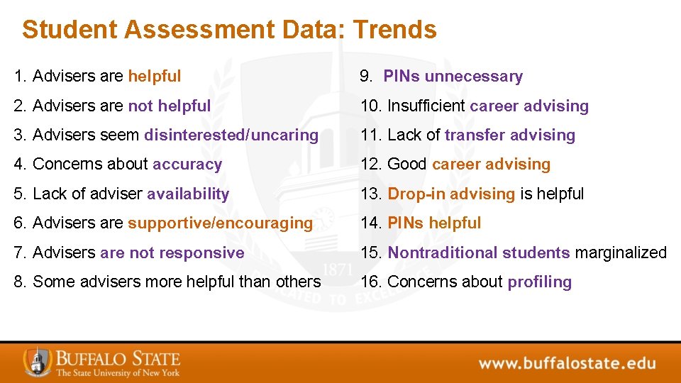 Student Assessment Data: Trends 1. Advisers are helpful 9. PINs unnecessary 2. Advisers are