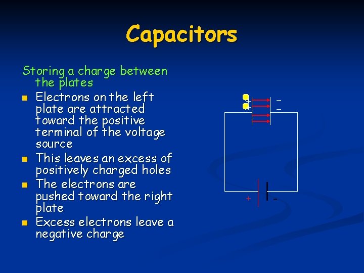 Capacitors Storing a charge between the plates n Electrons on the left plate are