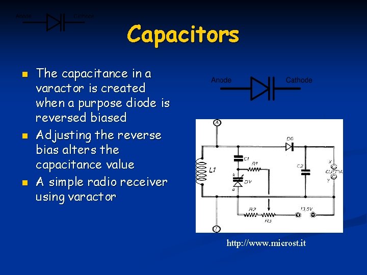 Capacitors n n n The capacitance in a varactor is created when a purpose