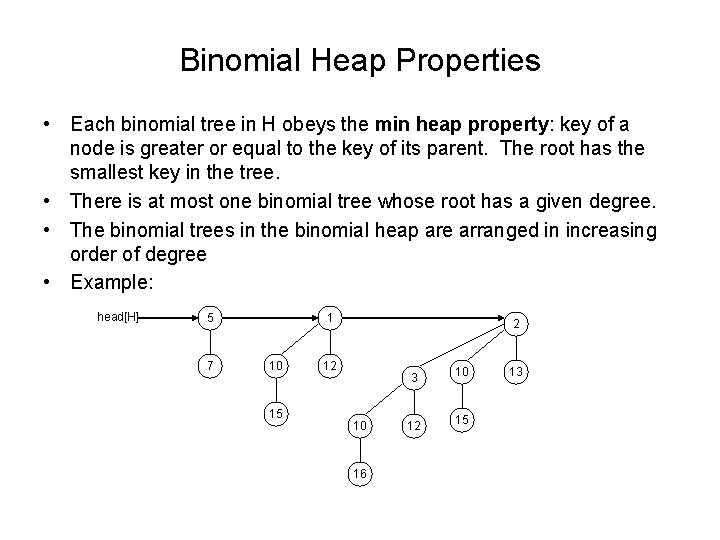 Binomial Heap Properties • Each binomial tree in H obeys the min heap property:
