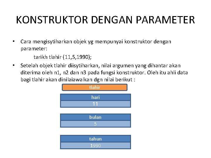 KONSTRUKTOR DENGAN PARAMETER • Cara mengisytiharkan objek yg mempunyai konstruktor dengan parameter: tarikh tlahir