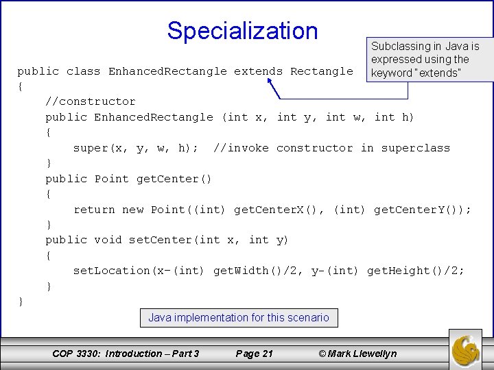 Specialization Subclassing in Java is expressed using the keyword “extends” public class Enhanced. Rectangle