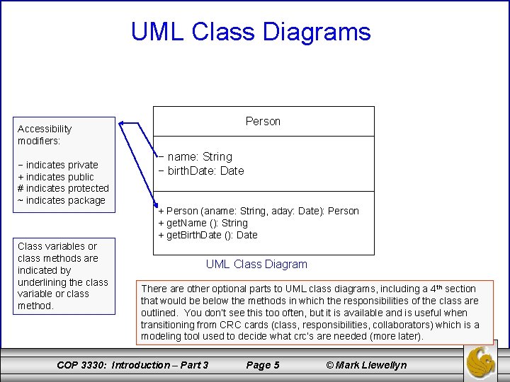 UML Class Diagrams Person Accessibility modifiers: − indicates private + indicates public # indicates