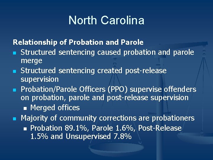 North Carolina Relationship of Probation and Parole n n Structured sentencing caused probation and