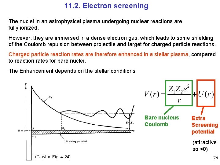 11. 2. Electron screening The nuclei in an astrophysical plasma undergoing nuclear reactions are