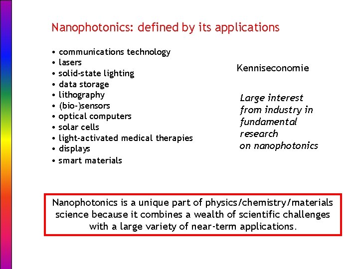 Nanophotonics: defined by its applications • communications technology • lasers • solid-state lighting •