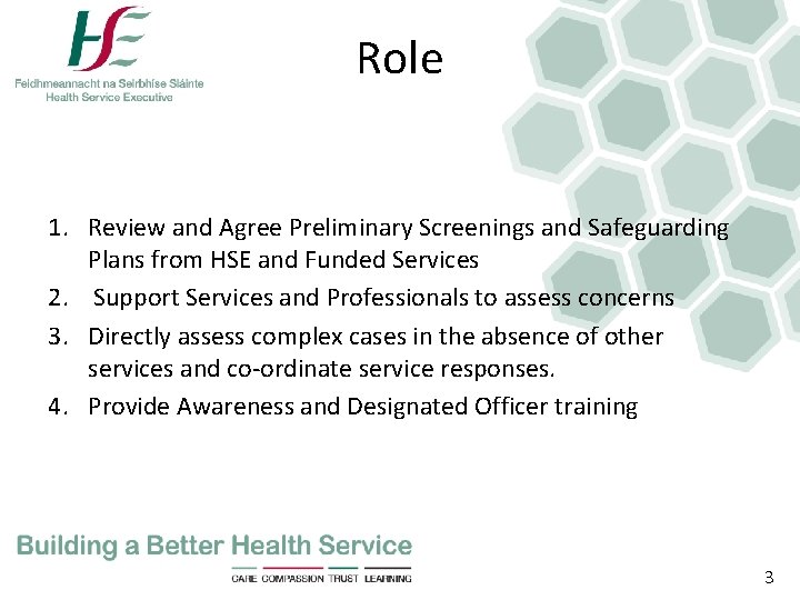 Role 1. Review and Agree Preliminary Screenings and Safeguarding Plans from HSE and Funded